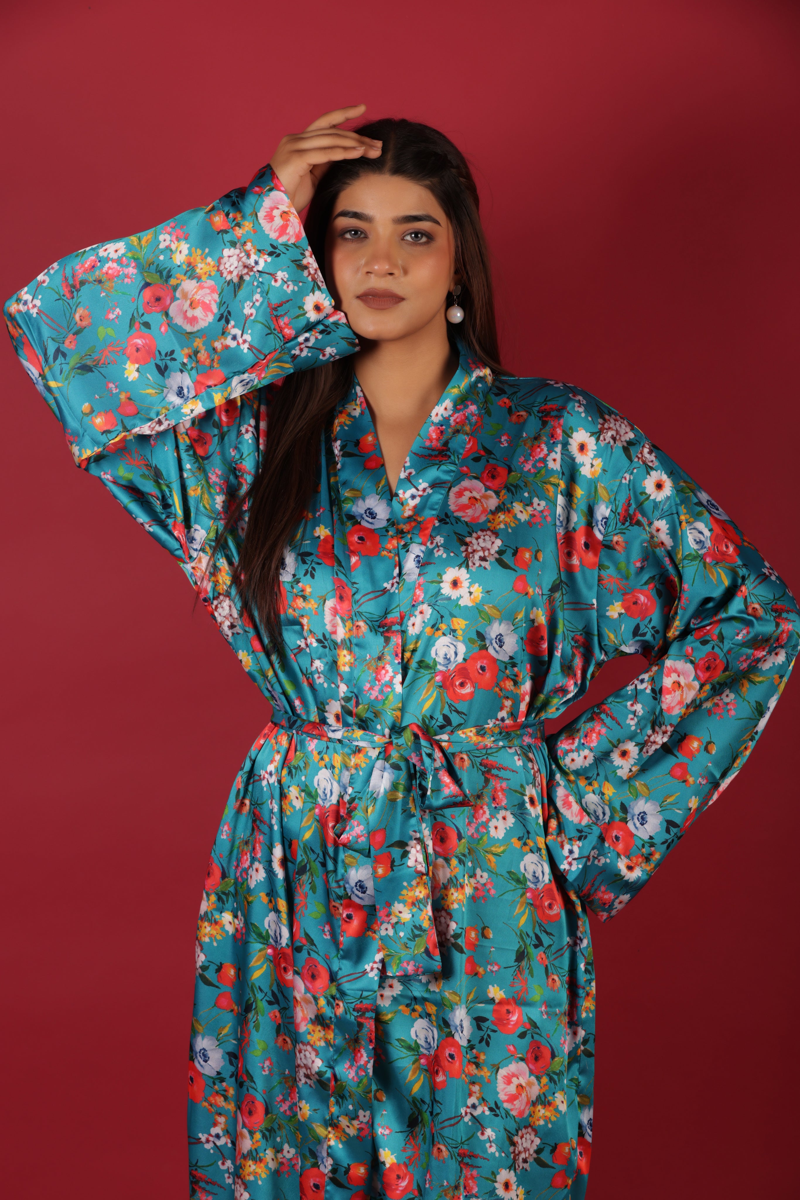 Ethnic Floral Printed Satin Kimono Long Robe